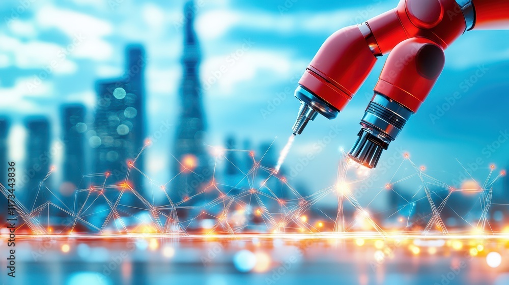 Poster red robot holding red object, glimpse into the future of robotics and automation in the digital age