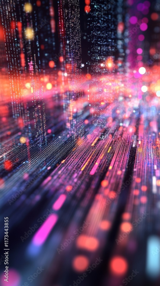 Poster dynamic big data visualization with colorful light streams and patterns representing information pro