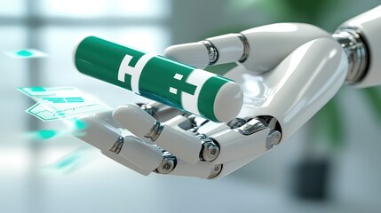 Robotic arm gripping futuristic green and white device, glimpse into advanced technological innovation