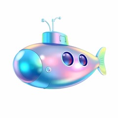 Holographic Submarine Adventure: A whimsical and colorful holographic submarine with a charming design and glowing iridescent finish. This 3D illustration is perfect for children's books.