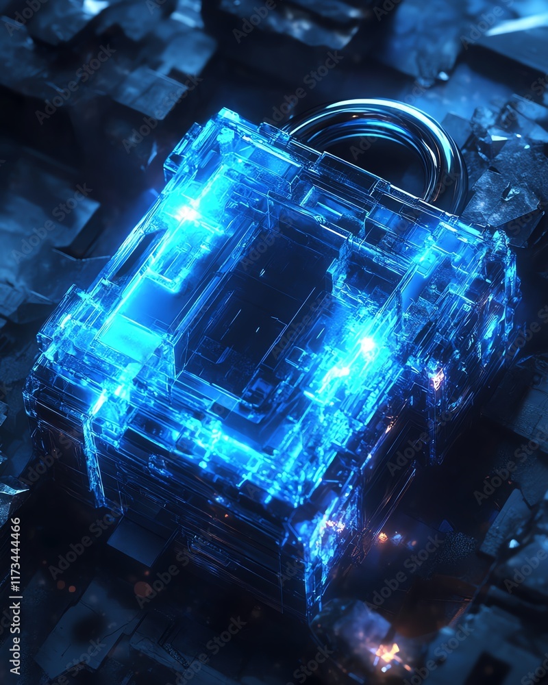 Poster cyber data confidentiality concept, digital blue closed padlock from top view, glowing geometric sha