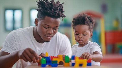 Young occupational therapist assisting a child with building blocks, developing fine motor skills and cognitive abilities in a playful environment