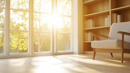Fototapeta premium Warm sunlight illuminating cozy reading room with armchair and bookcase, creating peaceful and inviting atmosphere