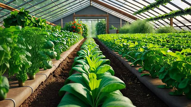 Lush Greenhouse Filled with Rows of Vibrant Vegetables and Fresh Leafy Greens for Sustainable Farming

