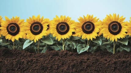 Explore sustainable energy options, rich brown soil stands out against bright yellow sunflowers.