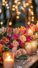 Elegant spring gathering with flowers and candles under twinkling lights