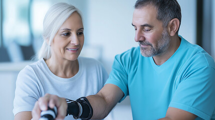 Professional occupational therapist supporting senior patient during rehabilitation therapy with adaptive medical tools