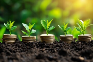A visual representation of growth in business, showcasing coins stacked with green leaves emerging, symbolizing investment and sustainability in nature and finance.