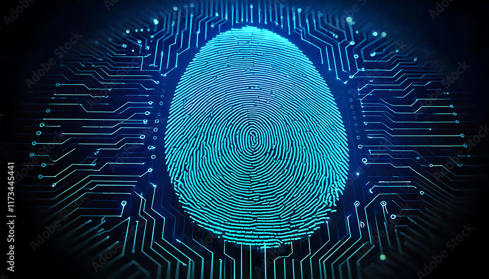 Poster stunning abstract image of a glowing teal fingerprint superimposed on a circuit board.