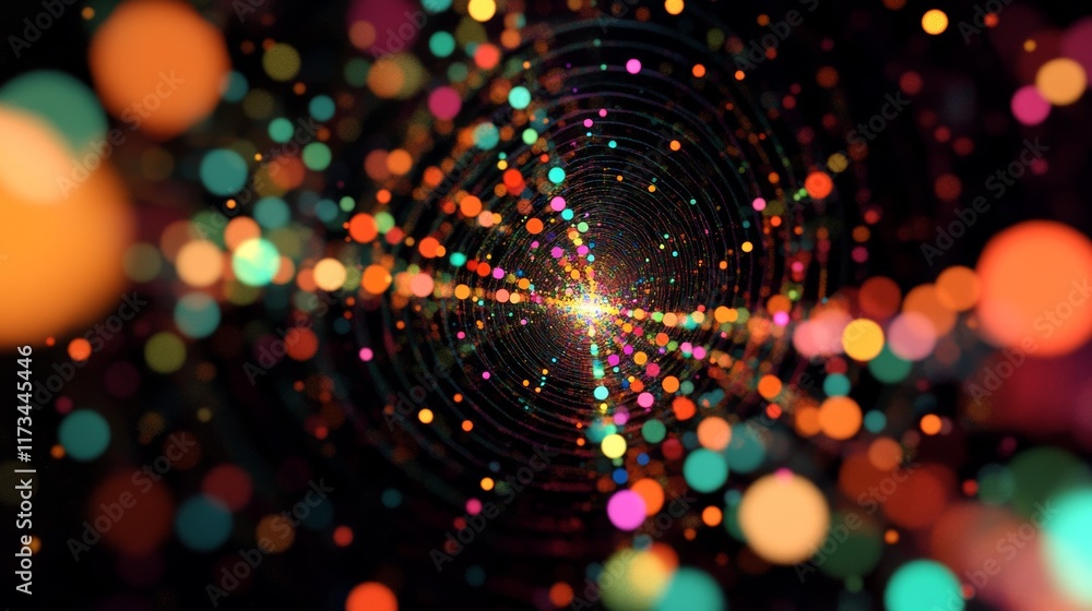 Poster dots connected in an abstract perspective of data flow through vibrant light patterns and colorful e