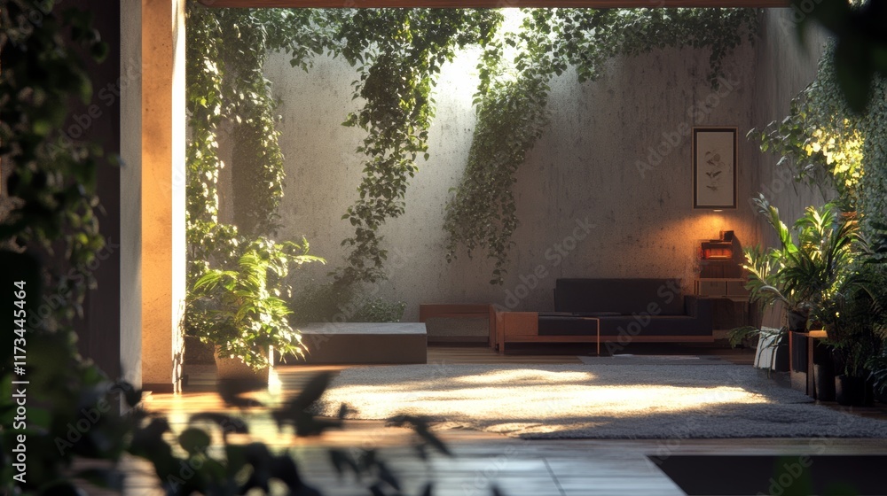 Poster warm and soft indoor space with connected nodes and realistic visualization of nature