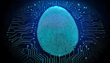 Stunning abstract image of a glowing teal fingerprint superimposed on a circuit board.