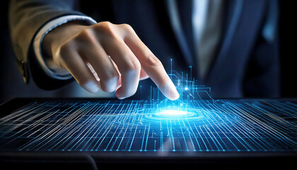 Close-up of a hand interacting with a futuristic, glowing digital interface on a tablet.  Perfect for illustrating technology, innovation, AI, data analysis, or the future of business.