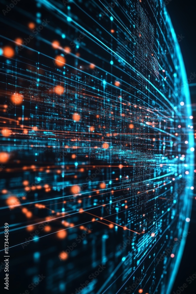 Poster abstract data network visualization with interconnected nodes and bright elements in a vibrant backg