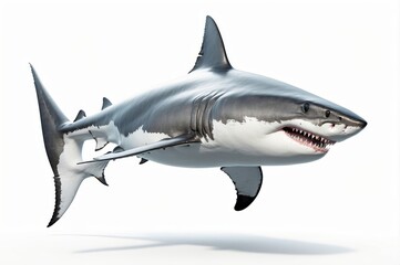 Fototapeta premium Great white shark swimming, isolated on white background.