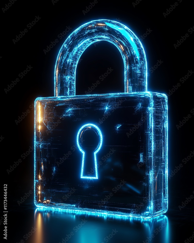 Poster digital blue closed padlock on abstract dark background, cyber data confidentiality, glowing squares