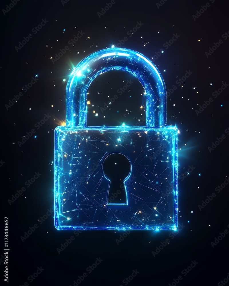 Poster digital blue closed padlock on abstract dark background, cyber data confidentiality, glowing squares