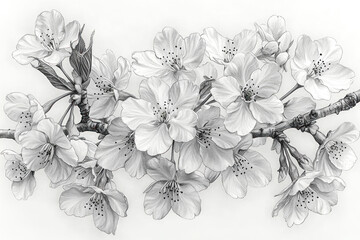 Fototapeta premium Cherry blossoms branch sketch on white, delicate spring floral art