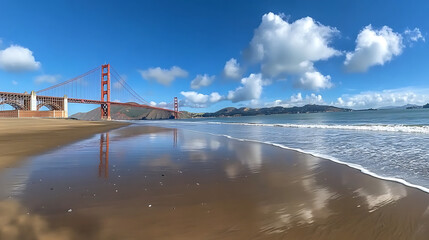 Wide angle photo of the Golden Gate Bridge in San Francisco
