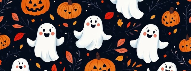 Obraz premium Halloween pattern, cute cartoon ghosts, jack-o-lanterns, falling autumn leaves, dark background, playful spooky design, kawaii style, orange and white on black, seamless repeat pattern, festive holida