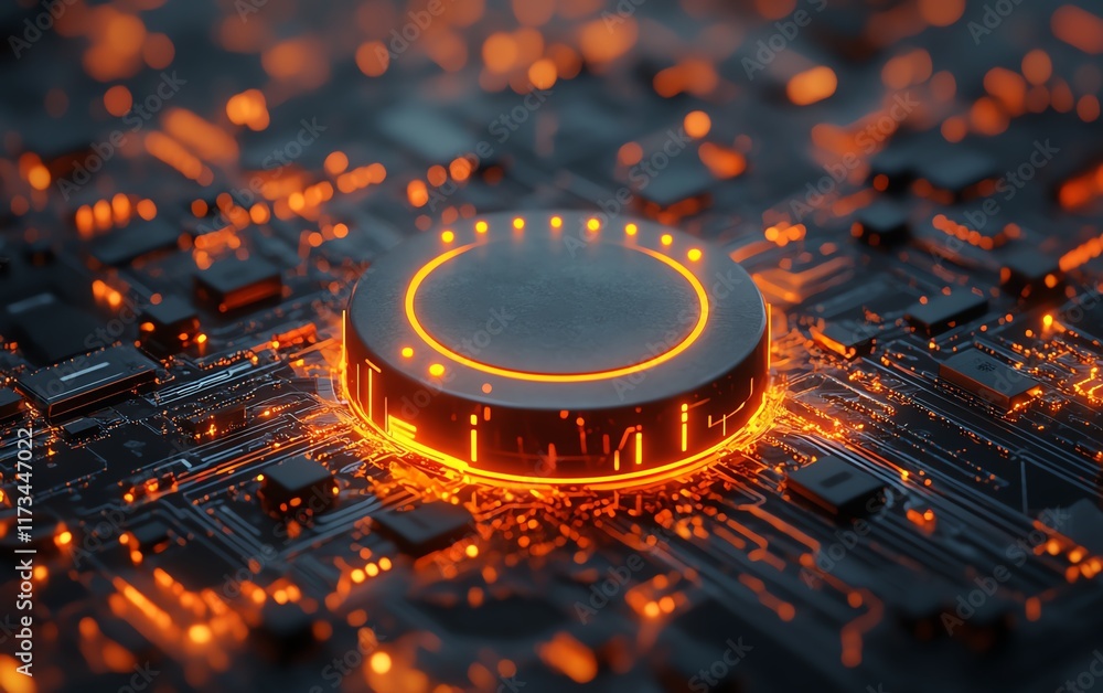 Poster digital closed padlock hovering over virtual button, high speed security technology, micro circuit b