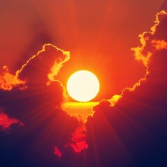 Fototapeta premium Dramatic sunset, brilliant sun rays bursting through clouds, vibrant red and orange sky, celestial light beams, majestic cloudscape, divine radiance, awe-inspiring atmospheric phenomenon, epic skyscap