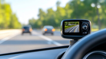 Navigation display revealing road traffic behind vehicle, highlighting sleek grey-blue ambient lighting and technological advancement