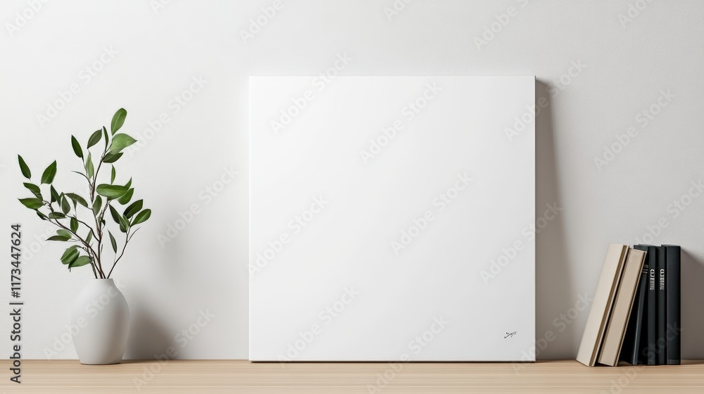 Poster minimalist interior design with a white blank canvas mockup leaning on a shelf with plant and books 