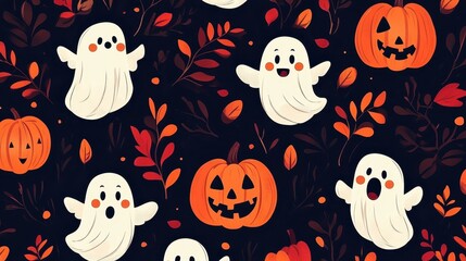 Halloween pattern, cute cartoon ghosts, jack-o-lanterns, falling autumn leaves, dark background, playful spooky design, kawaii style, orange and white on black, seamless repeat pattern, festive holida