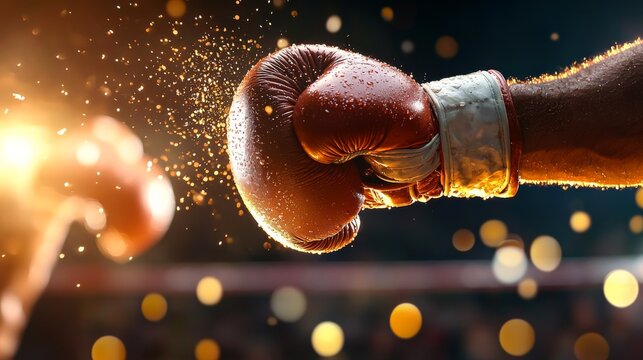 A close-up of a boxing glove striking, capturing the intensity and energy of the sport with sparkling light effects in the background.