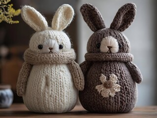 Obraz premium two knitted bunny toys, one cream and one brown, wearing knitted scarves, displayed together.
