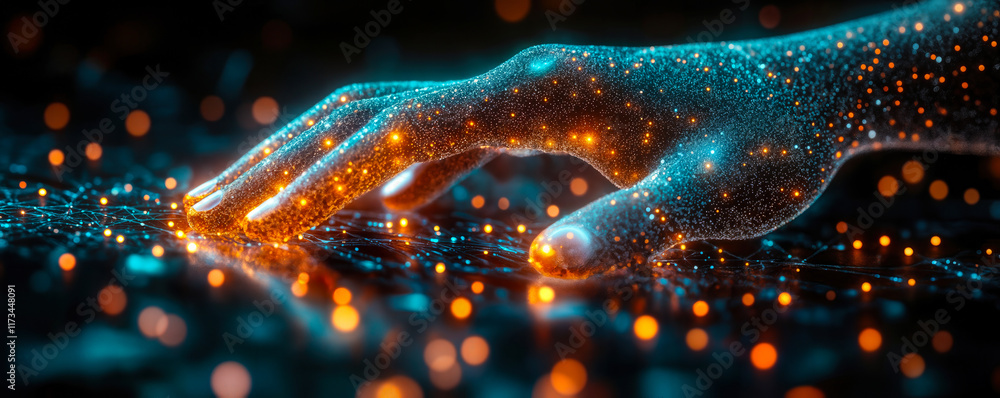 Poster futuristic ai hand connecting on big data network with technology and blockchain elements