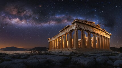 Fototapeta premium Parthenon at night under the Milky Way galaxy.