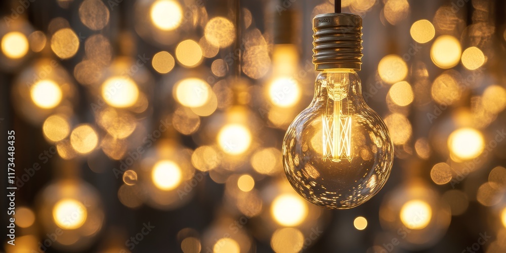 Poster captivating image of a glowing light bulb among shimmering bokeh lights, creating a warm and invitin