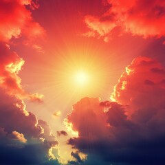 Dramatic sunset, brilliant sun rays bursting through clouds, vibrant red and orange sky, celestial light beams, majestic cloudscape, divine radiance, awe-inspiring atmospheric phenomenon, epic skyscap