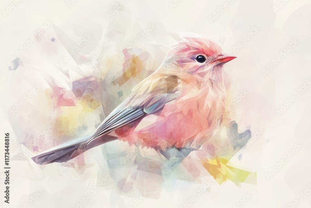 Poster a bird with a pink body and a red beak is perched on a branch. the bird's bright colors and the way 