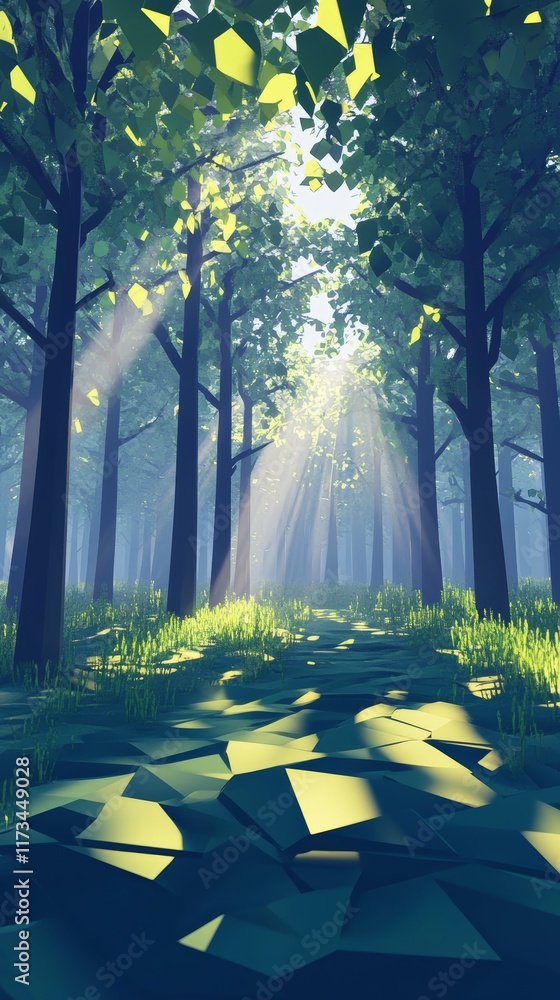 Poster a forest with trees and a path. the sun is shining through the trees, creating a warm and peaceful a