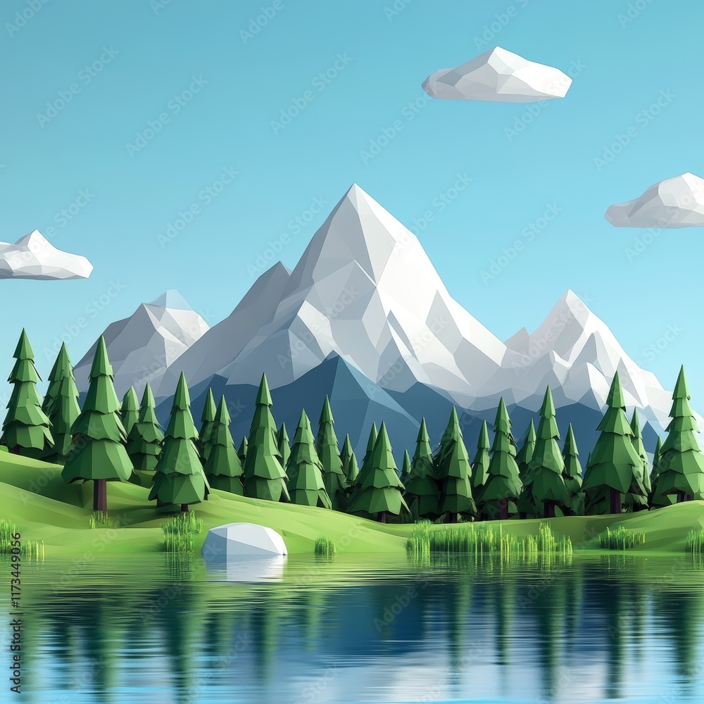 Poster a mountain range with a lake in the foreground. the mountains are covered in snow and the trees are 