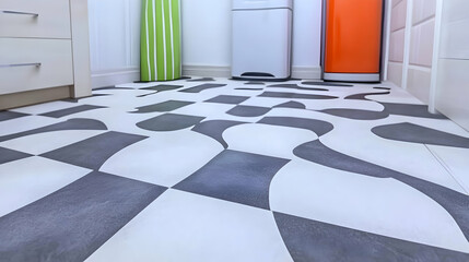 Abstract black and white floor design in modern kitchen, appliances in background; home decor, interior design.