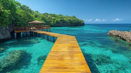 Wooden pier extending over crystal-clear turquoise ocean to a gazebo on a tropical island.