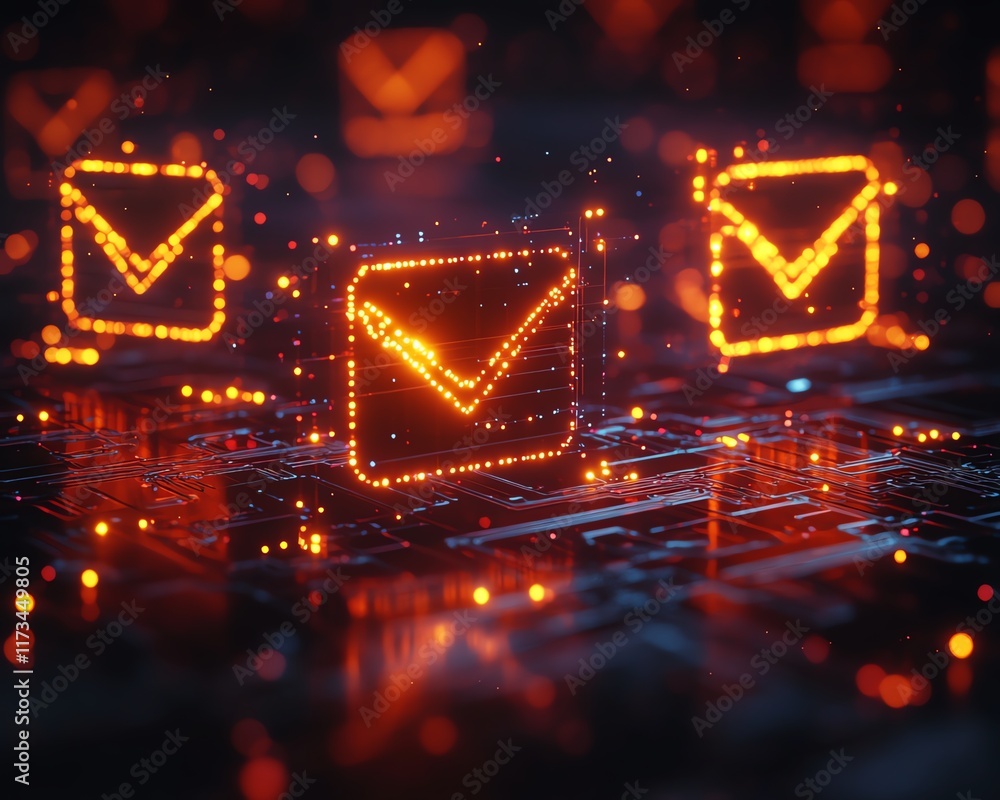 Poster digital envelope symbols, yellow and red, representing networking and mail communication, dark circu