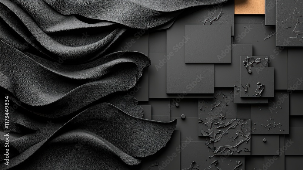 Poster an abstract composition featuring black textured layers and geometric shapes, creating a sophisticat