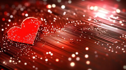 Red heart on circuit board, symbol of love, technology, and connection in the digital age