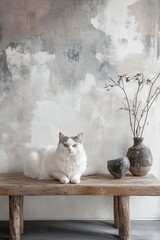 A serene white cat lounges on a wooden bench, set against a textured wall with artistic vases, creating a peaceful and stylish scene.