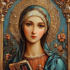 Saint Paraskeva depicted humble devout stance adorned traditional robes halo. She holds symbolic items and framed intricate patterns embodying her role as miracle worker.