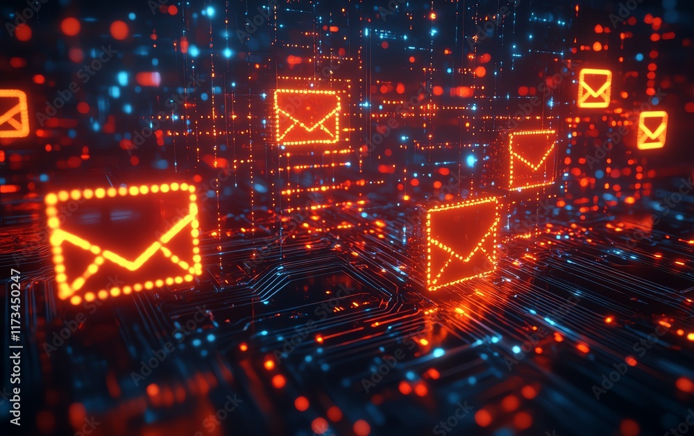 Poster digital networking and mail communication, yellow and red envelope symbols, 3d rendering, dark circu