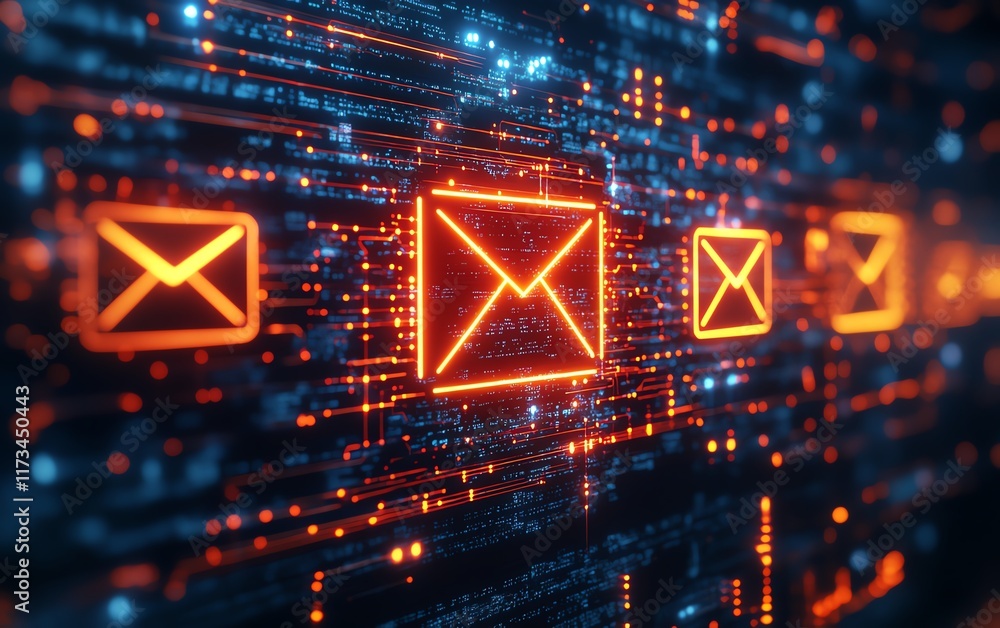 Poster digital networking and mail communication, yellow and red envelope symbols, 3d rendering, dark circu