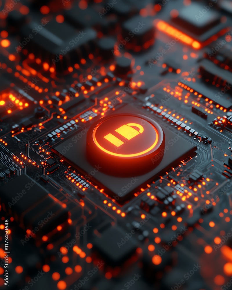 Poster digital closed padlock symbol hovering over virtual button, high speed security technology, micro ci