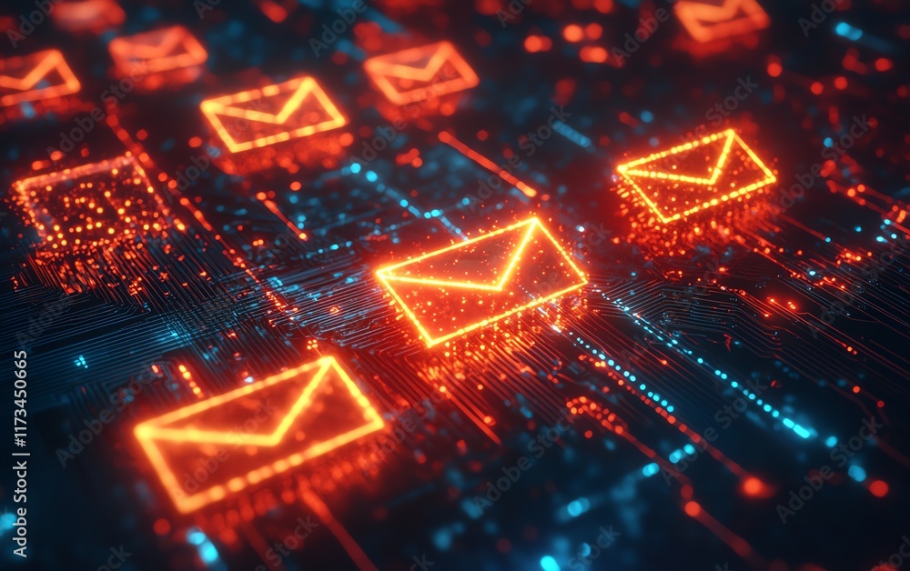 Poster digital networking and mail communication, yellow and red envelope symbols, 3d rendering, dark circu
