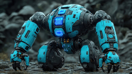 Blue robot exploring rocky terrain, glowing lights, blurred background